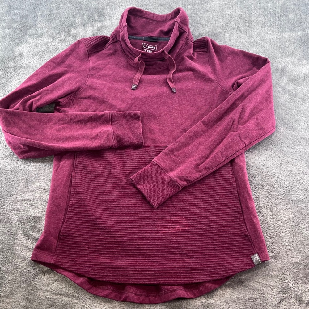LL Bean Womens Cowl Neck Pullover Burgundy Ribbed Texture Top 511587 S REG